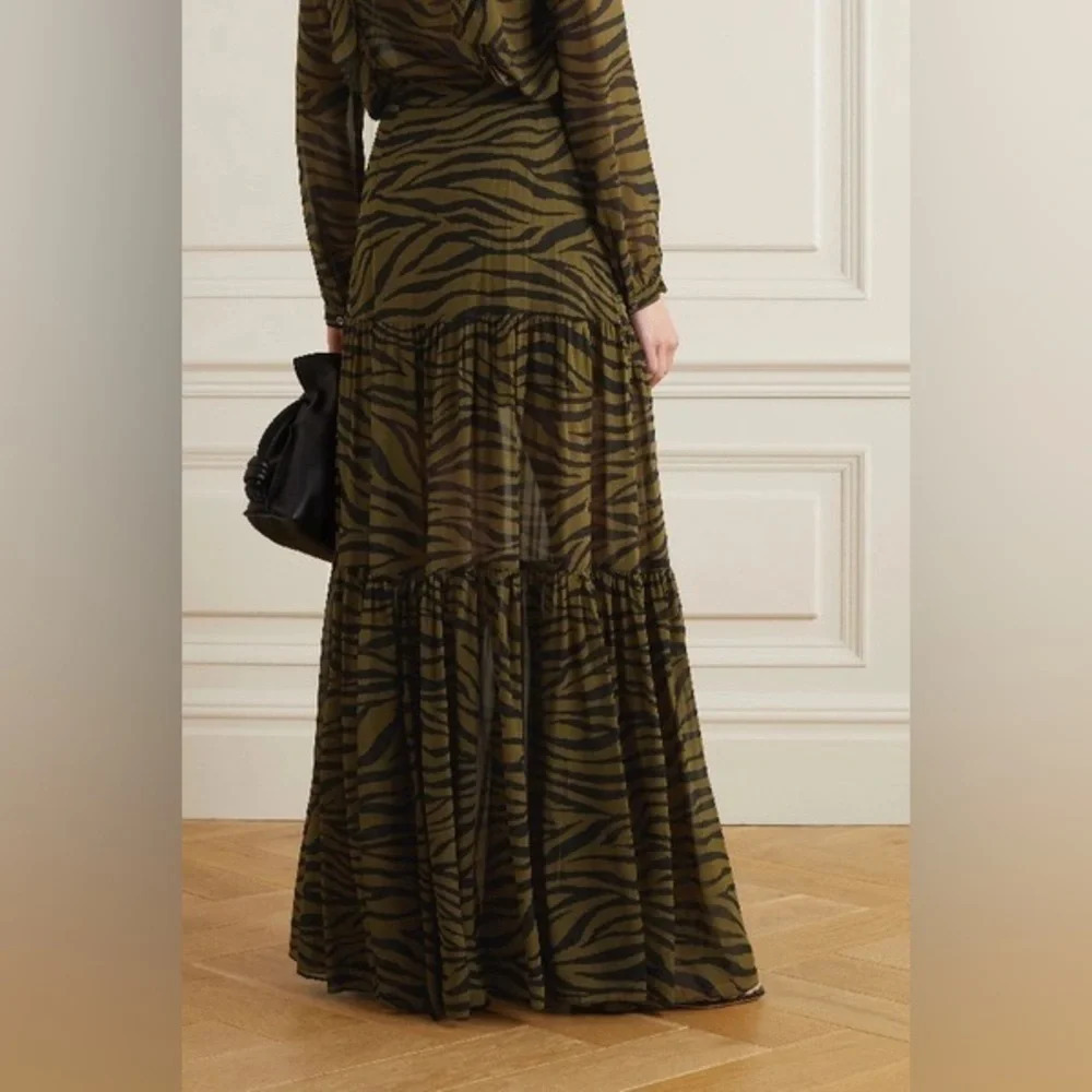 Veronica Beard Olive Green Serence Zebra Silk Maxi Thigh High Slit Skirt - Picture 11 of 12